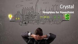  Presentation with factory - Amazing slide deck having cartoon plants - business man looking at factory backdrop and a gray colored foreground