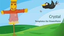  Presentation with crow - Presentation featuring cartoon plants - illustration of crow and scarecrow background and a sky blue colored foreground