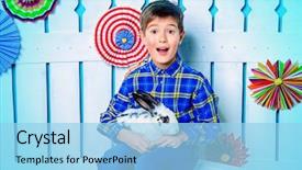  Presentation with child boy hold basket - Slide deck featuring cartoon rabbit - happy child boy with easter background and a light blue colored foreground