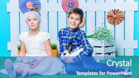  Presentation with play children - Presentation theme with cartoon rabbit - two happy children play together background and a teal colored foreground