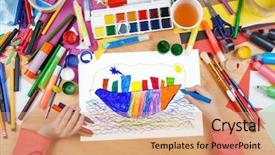  Presentation with ocean cartoon - Colorful slide deck enhanced with cartoon sea - child drawing ocean liner ship backdrop and a coral colored foreground