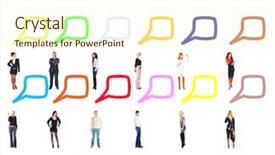  Presentation with bubbles feedback survey words speech - Colorful PPT layouts enhanced with cartoon teamwork - negotiations idea speech bubbles backdrop and a cream colored foreground