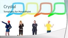  Presentation with company retreat - Audience pleasing slide set consisting of cartoon teamwork - office dialogues conversations backdrop and a cool aqua colored foreground