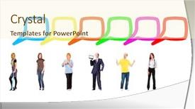  Presentation with bubbles feedback survey words speech - Audience pleasing PPT theme consisting of cartoon teamwork - speech bubbles business picture backdrop and a cream colored foreground