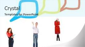  Presentation with bubbles feedback survey words speech - Amazing presentation theme having cartoon teamwork - speech bubbles many colleagues backdrop and a arctic colored foreground