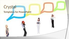  Presentation with idea - PPT theme featuring cartoon teamwork - standing and talking negotiations idea background and a cream colored foreground