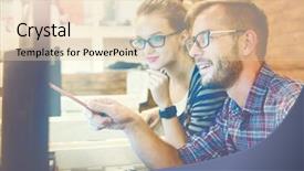  Presentation with employees working together - Beautiful PPT theme featuring cartoon teamwork - two colleagues working together backdrop and a lemonade colored foreground