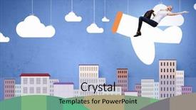  Presentation with woman world - Theme with cartoon world - young woman riding drawn airplane background and a light blue colored foreground