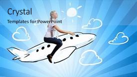 Presentation with man and woman divorce drawing - Slides with cartoon world - young woman riding drawn airplane background and a light blue colored foreground