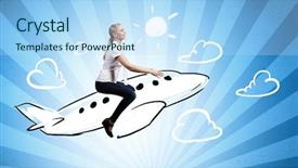  Presentation with man and woman divorce drawing - Audience pleasing slide deck consisting of cartoon world - young woman riding drawn airplane backdrop and a sky blue colored foreground