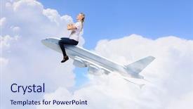  Presentation with woman world - Amazing slide set having cartoon world - young woman riding drawn airplane backdrop and a sky blue colored foreground