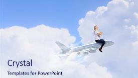  Presentation with man and woman divorce drawing - Slide set having cartoon world - young woman riding drawn airplane background and a sky blue colored foreground