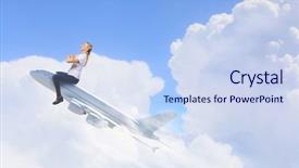  Presentation with woman world - PPT layouts having cartoon world - young woman riding drawn airplane background and a sky blue colored foreground