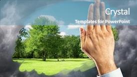  Presentation with blue sky - PPT layouts featuring cartoons frame - hand cleaning window with blue background and a teal colored foreground