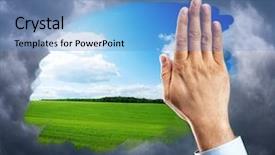  Presentation with window frame - Colorful PPT theme enhanced with cartoons frame - hand cleaning window with blue backdrop and a teal colored foreground