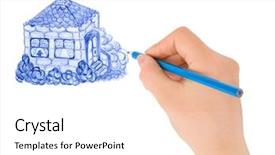  Presentation with white house - Colorful theme enhanced with computer rendered bungalow with terrace and lawn and open roof backdrop and a tawny brown colored foreground