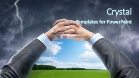  Presentation with window frame - Presentation theme consisting of cartoons frame - hand holding window with blue background and a ocean colored foreground