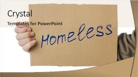  Presentation with homeless - Cool new presentation theme with cartoons frame - hand with cardboard homeless isolated backdrop and a coral colored foreground