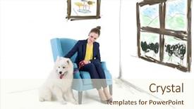 Presentation with living room - Colorful presentation theme enhanced with cartoons frame - woman with white dog backdrop and a cream colored foreground