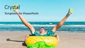  Presentation with swim - Colorful presentation enhanced with cartun - laughing caucasian man sitting backdrop and a arctic colored foreground