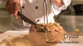  Presentation with roast sirloin beef - Theme having carved - carving of wagyu beef roast background and a coral colored foreground