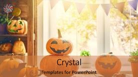  Presentation with happy halloween card - Audience pleasing slide set consisting of carved - carving pumpkin on the table backdrop and a gold colored foreground