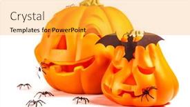  Presentation with halloween bat - Presentation theme enhanced with carved halloween pumpkins with many spiders and bat isolated on white background festive still life traditional autumnal holiday background and a yellow colored foreground