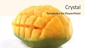  Presentation with mango juice - Theme consisting of carved mango isolated over white background and a yellow colored foreground