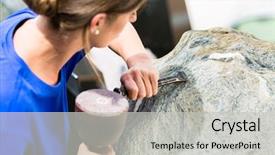  Presentation with boulder - PPT theme having carver - female stonemason working on boulder background and a light gray colored foreground
