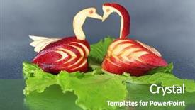  Presentation with fruit - Slides having carving fruit pattern of swan on grey wet background background and a tawny brown colored foreground