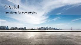  Presentation with blue marble - Presentation having empty marble floor and cityscape of hangzhou qianjiang new city in blue cloud sky background and a light blue colored foreground