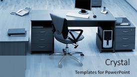  Presentation with office management - PPT layouts featuring case management - desk for work at modern background and a light blue colored foreground