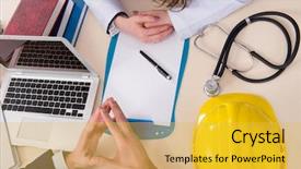  Presentation with insurance - PPT theme consisting of case management - doctor and manager agreeing industrial background and a yellow colored foreground