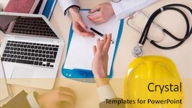  Presentation with health industrial security - Cool new theme with case management - doctor and manager agreeing industrial backdrop and a yellow colored foreground