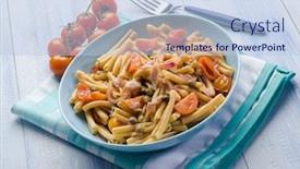  Presentation with tuna - Presentation with caserecce-with-fresh-tuna-tomatoes background and a light blue colored foreground