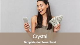  Presentation with mobile money - Colorful PPT theme enhanced with cash - portrait of a happy asian backdrop and a coral colored foreground