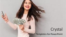  Presentation with prize - Slide set enhanced with cash - portrait of happy brunette female background and a soft green colored foreground