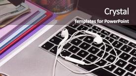  Presentation with computer music - Colorful slide set enhanced with cash advance - keyboard of open laptop computer backdrop and a tawny brown colored foreground