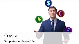  Presentation with juggling - Theme having cash control - businessman juggling between various currencies background and a white colored foreground