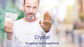  Presentation with golden dollar sign - Presentation enhanced with cash control - senior hoary man holding buch background and a  colored foreground