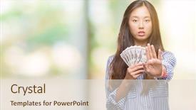  Presentation with holding hands old young - PPT theme featuring cash control - young asian woman holding dollars background and a  colored foreground