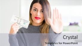  Presentation with defense - Colorful PPT theme enhanced with cash control - young beautiful woman holding 20 backdrop and a  colored foreground