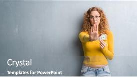  Presentation with dollar sign - Beautiful slides featuring cash control - young redhead woman over grey backdrop and a gray colored foreground