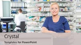  Presentation with portrait of excited overjoyed female - PPT theme having cash counter in pharmacy background and a light gray colored foreground
