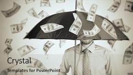  Presentation with money flow - Cool new PPT theme with cash flow - businessman standing in the rain backdrop and a light gray colored foreground