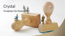  Presentation with stamps - Theme featuring cash handling - people on wooden rubber stamps background and a sky blue colored foreground