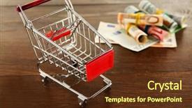  Presentation with shopping trolley - Theme consisting of cash handling - small shopping trolley with euros background and a  colored foreground