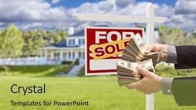  Presentation with real estate - Colorful PPT layouts enhanced with cash key - man handing over thousands backdrop and a yellow colored foreground