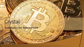 Presentation with bitcoins - Beautiful theme featuring cash key - shiny physical bitcoins blockchain technology backdrop and a yellow colored foreground