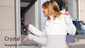  Presentation with credit card - Slide set enhanced with cash machine - happy girls withdrawing money background and a light gray colored foreground